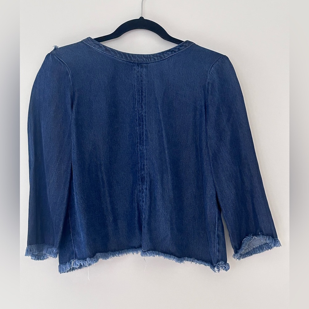 Maven West tencel denim top. Split back with fringe.